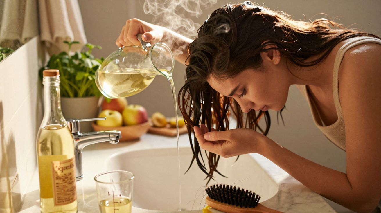 Mulher despejando água quente no cabelo curvado sobre a pia em ambiente iluminado e decorado.