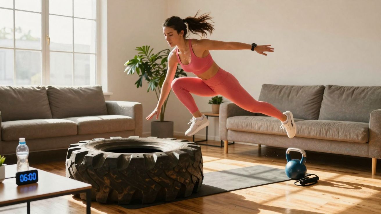 Mulher jovem em roupa fitness rosa pulando sobre pneu gigante em sala de estar clara e espaçosa.