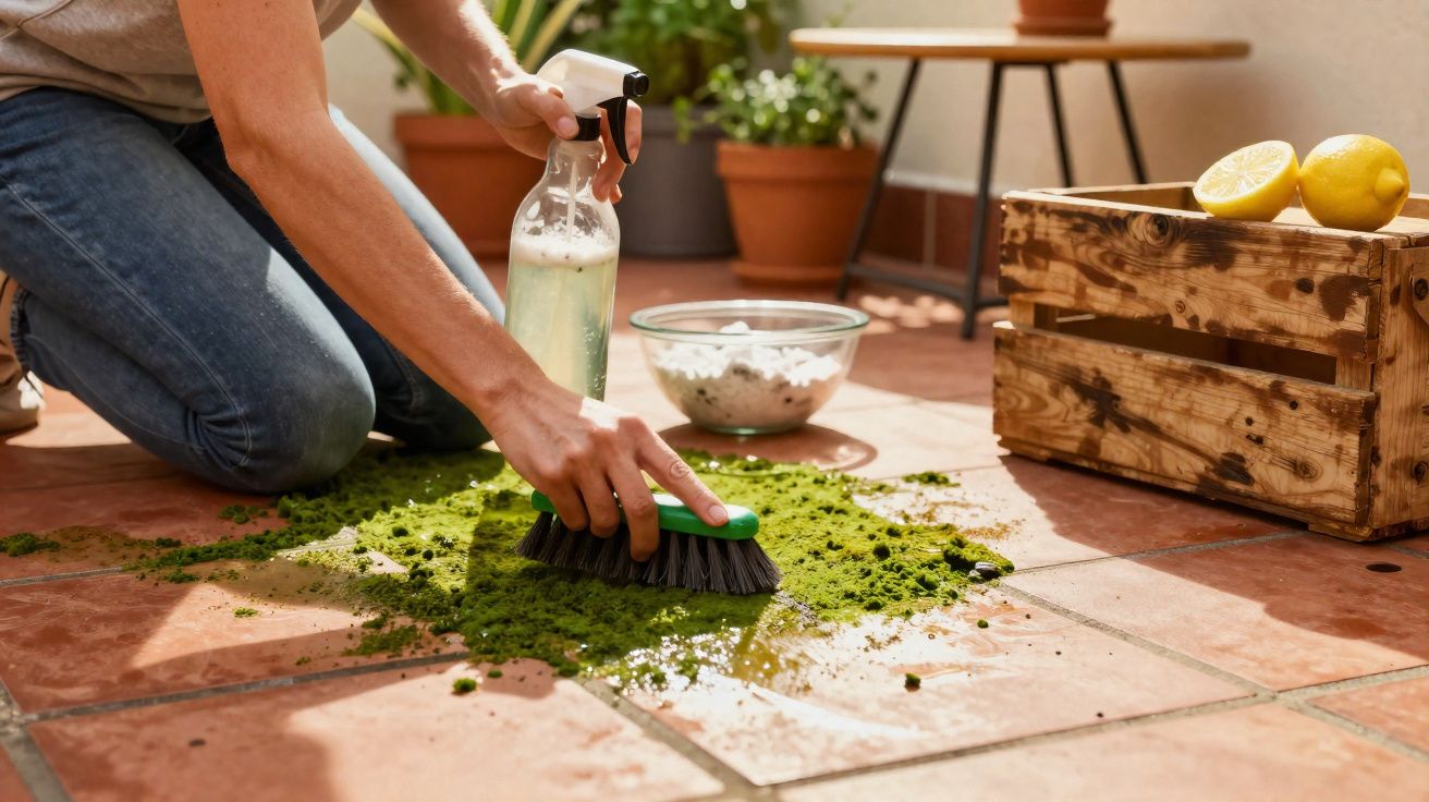Pessoa limpando sujeira verde no chão de azulejo com escova e spray em ambiente iluminado.