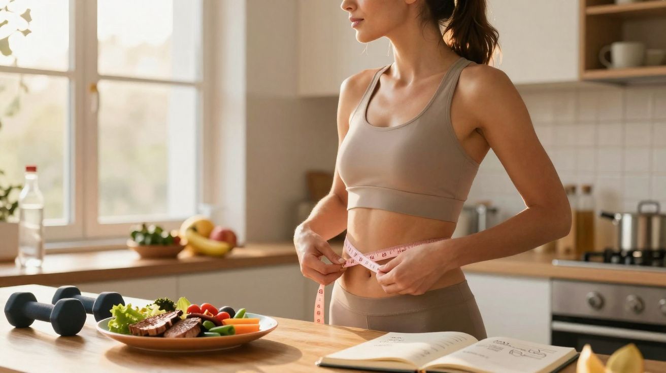 Mulher medindo cintura com fita métrica na cozinha com alimentos saudáveis e pesos ao fundo.