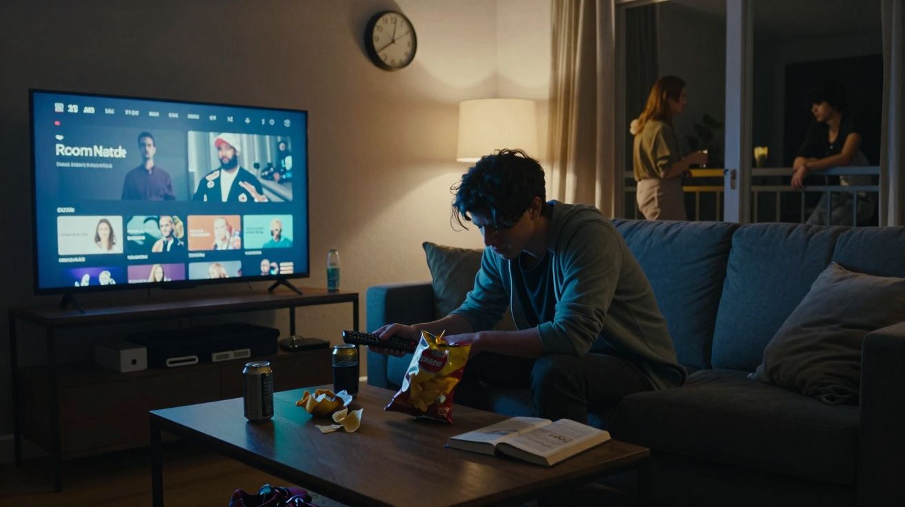 Jovem sentado no sofá comendo salgadinhos e assistindo TV, enquanto duas pessoas conversam na varanda à noite.