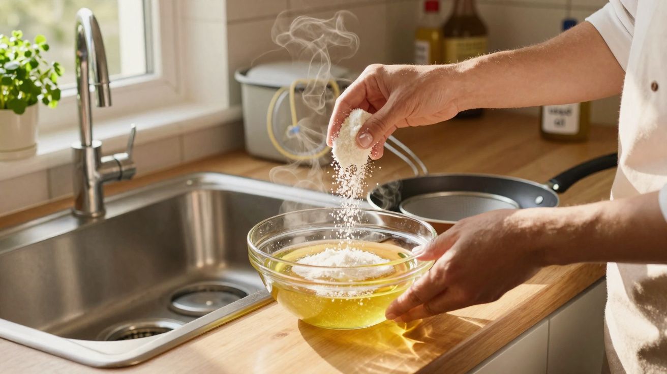 Pessoa adiciona farinha em tigela de vidro com ingredientes para receita na bancada da cozinha.