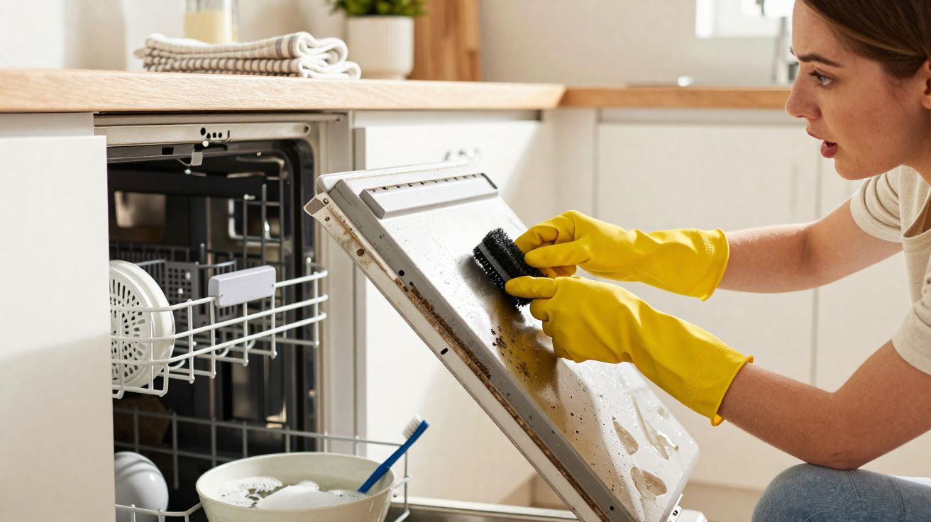 Mulher com luvas amarelas limpando a porta de uma lava-louças aberta na cozinha.