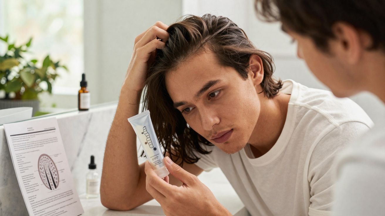Homem olhando no espelho segurando produto para cabelo em banheiro claro e moderno.