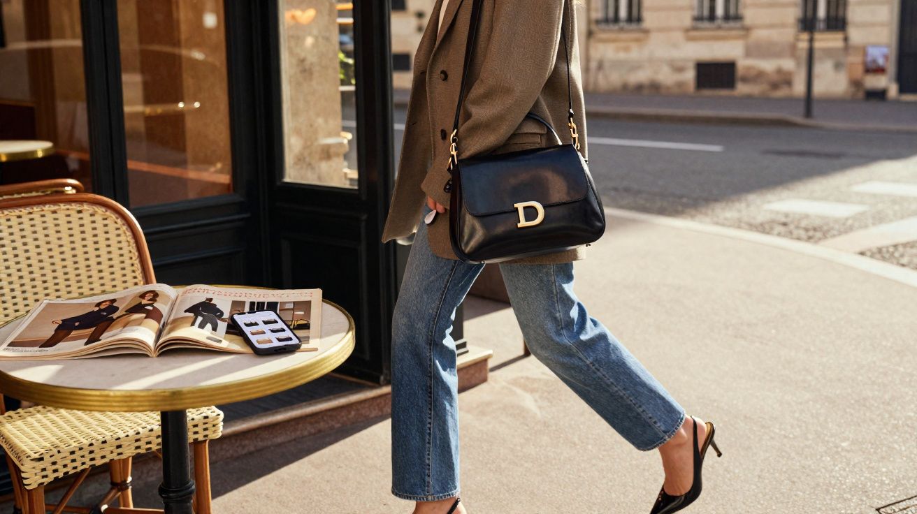 Pessoa caminhando com bolsa preta e salto alto próxima a mesa com revista e celular ao ar livre.