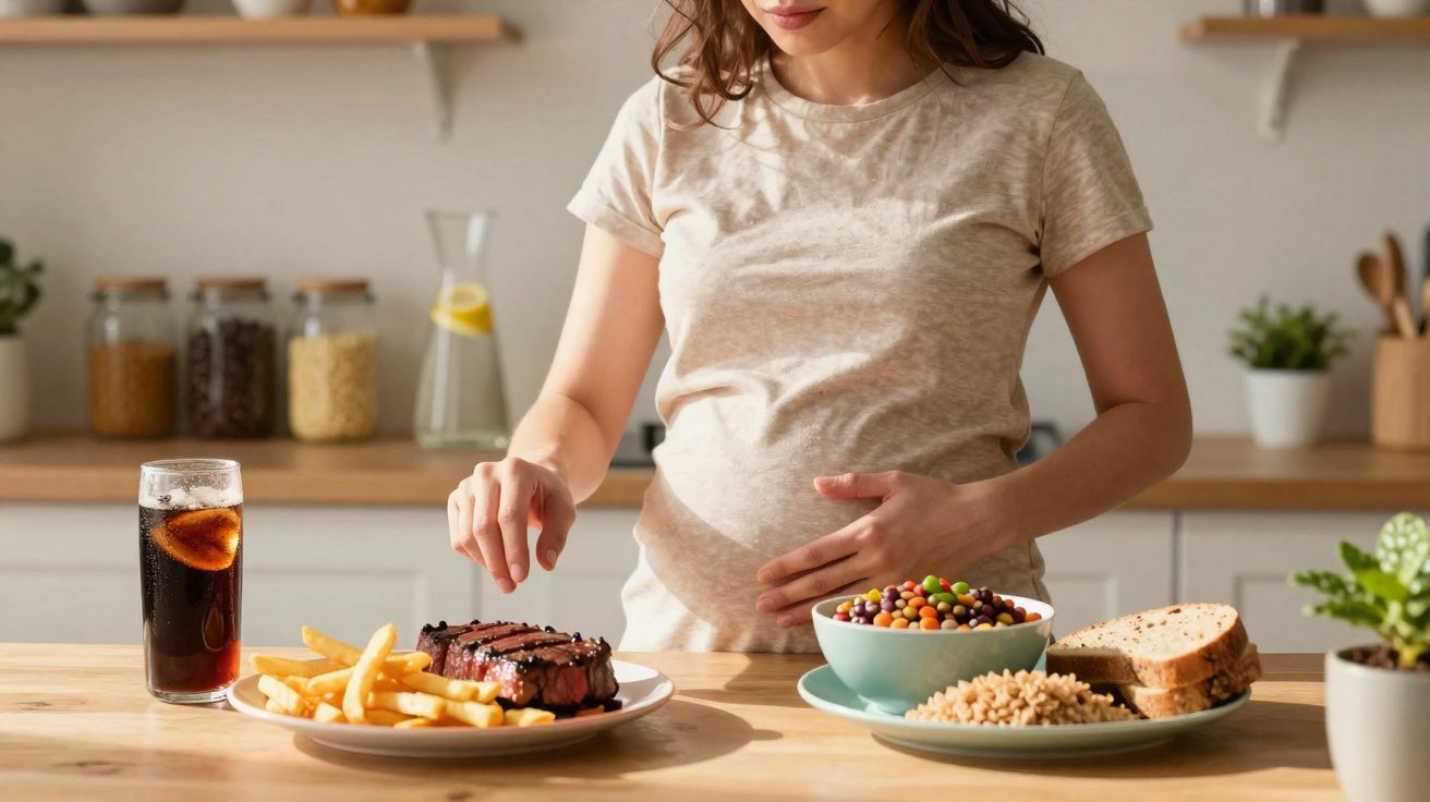 Mulher grávida escolhendo entre comida saudável e fast food na cozinha.