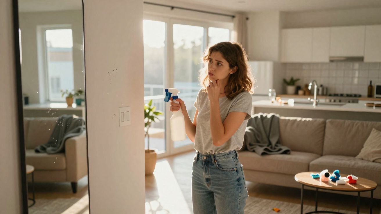 Mulher jovem pensativa segurando borrifador, olhando para espelho em sala de estar iluminada pela manhã.