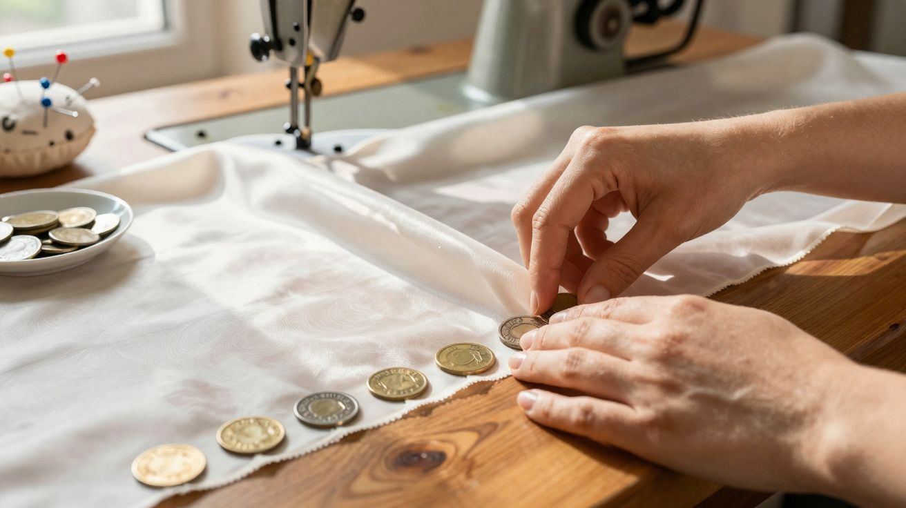 Mãos alinhando moedas sobre tecido branco próximo a máquina de costura em superfície de madeira.