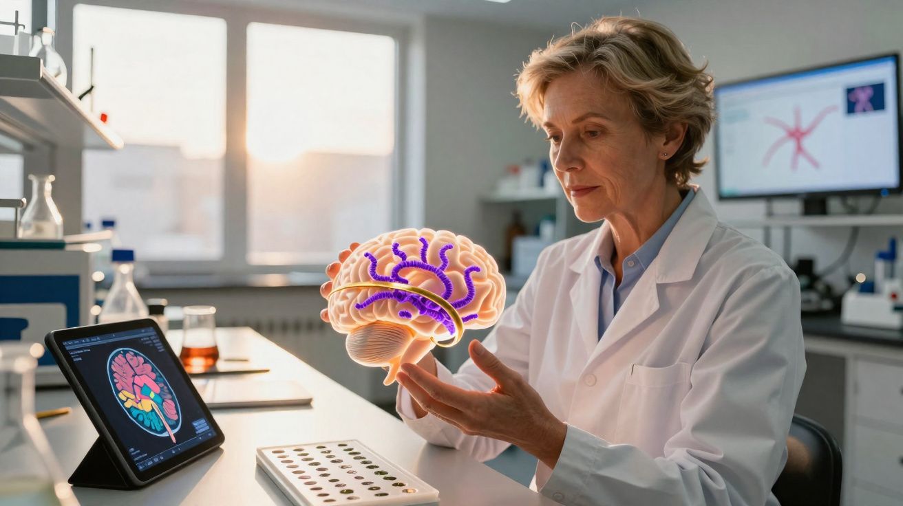 Cientista em laboratório analisando modelo 3D iluminado do cérebro com gráficos digitais ao fundo.