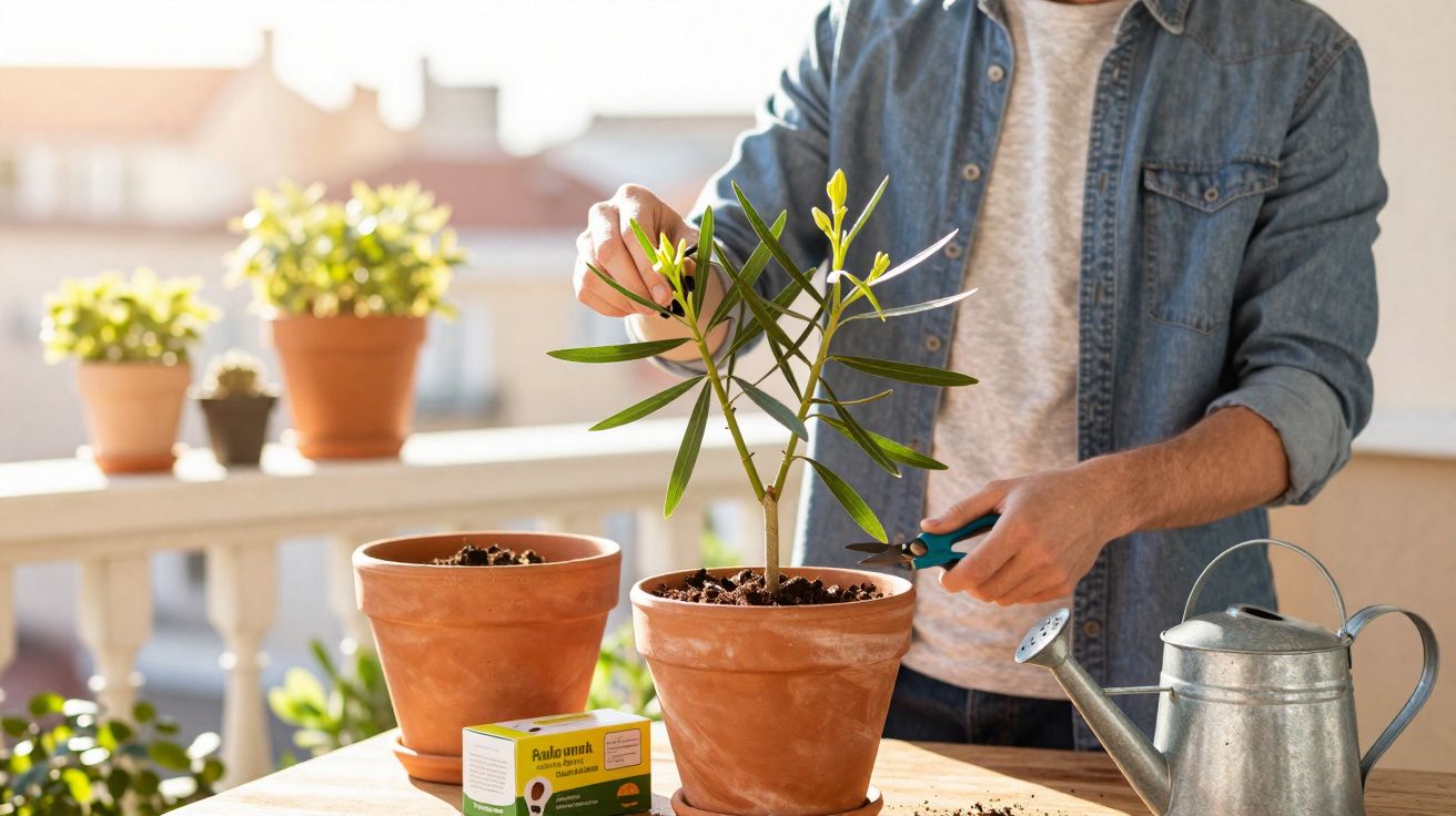 Pessoa cuidando de planta em vaso de barro em varanda com regador e produtos de jardinagem.