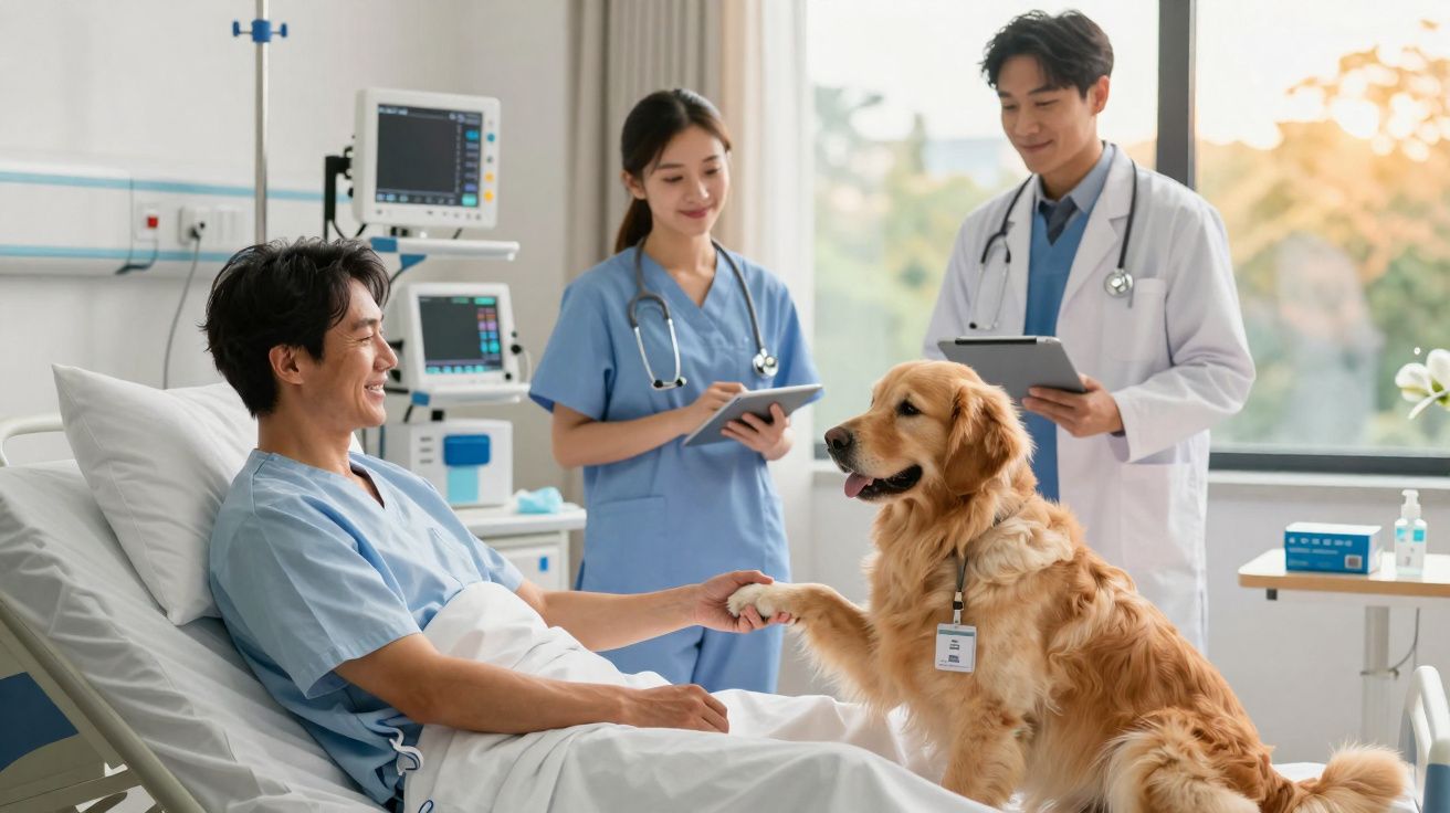 Paciente hospitalizado sorri ao cumprimentar cachorro terapeuta, enquanto médicos observam com tablets na mão.