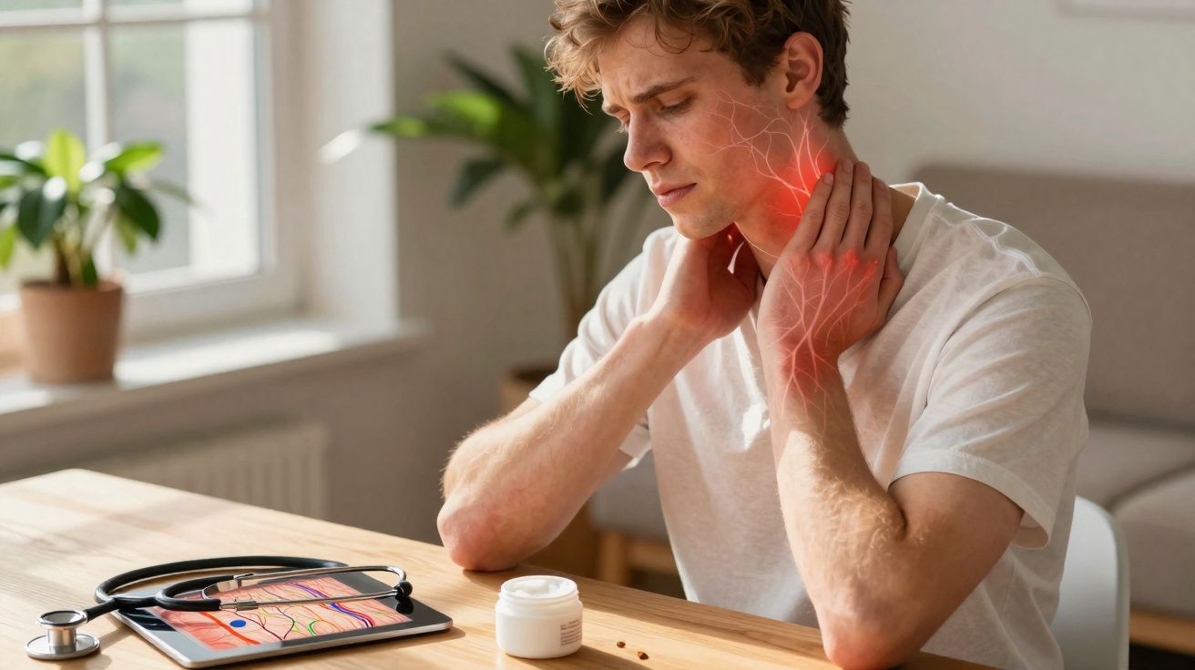 Homem sentado com expressão de dor, segurando pescoço e ombro iluminados em vermelho, indicando inflamação.