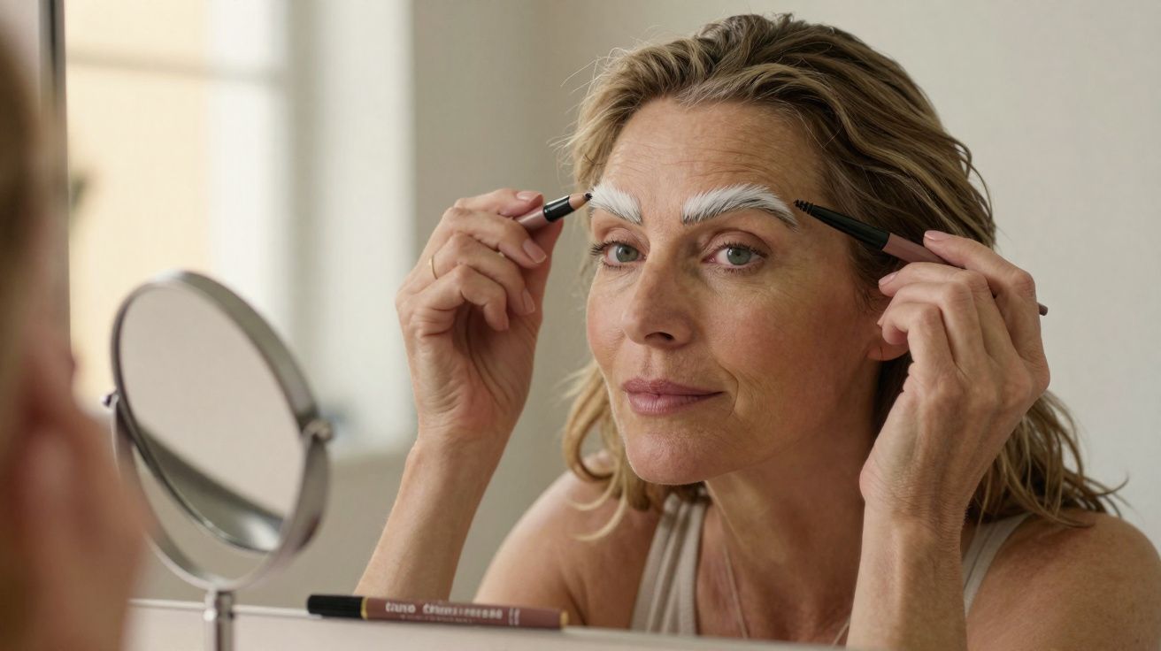 Mulher aplicando tinta branca nas sobrancelhas em frente ao espelho no banheiro.