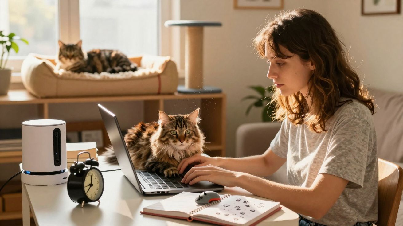 Mulher trabalhando em laptop com gato sobre a mesa e outro gato deitado em cama perto da janela.