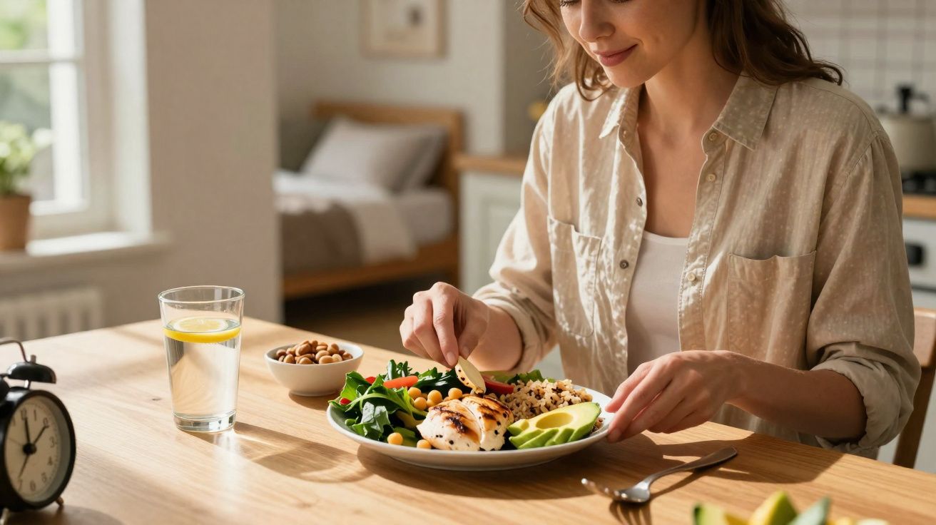 Mulher sentada à mesa com prato de comida saudável contendo salada, frango e abacate.