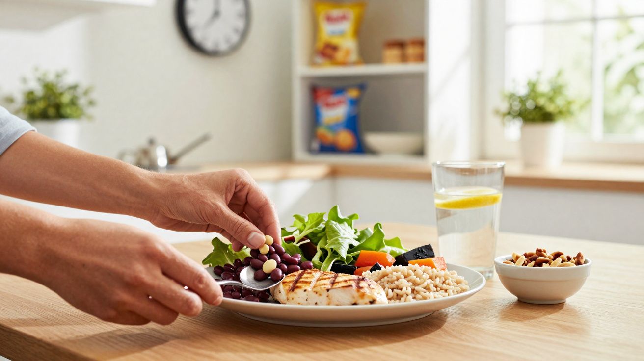 Pessoa adicionando tempero em prato com frango grelhado, arroz, salada, acompanhado de castanhas e copo de água.