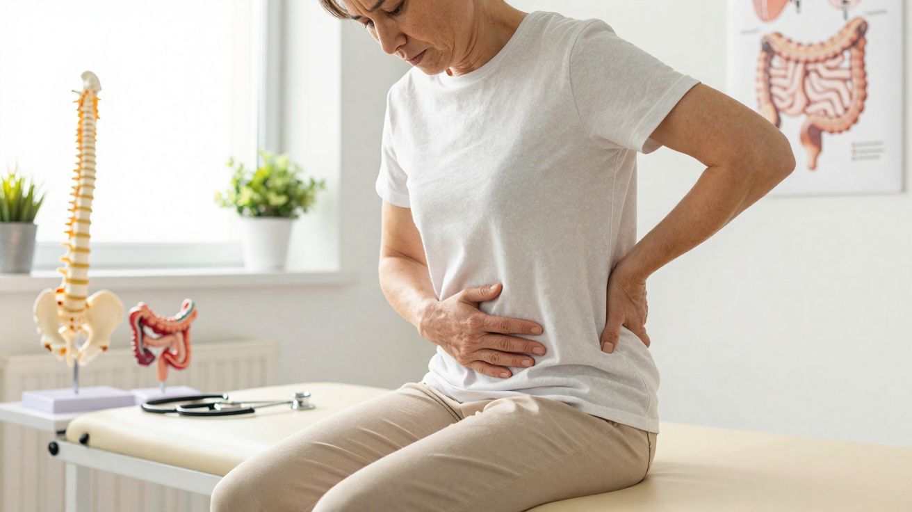 Mulher sentada em consultório médico segurando abdômen e costas com expressão de dor.