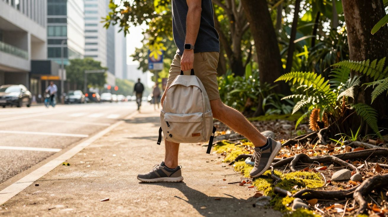 Pessoa caminhando na calçada de uma rua urbana, segurando uma mochila clara ao lado.