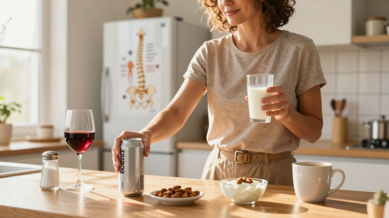 Mulher segurando copo de leite e enfileirando alimentos saudáveis em cozinha iluminada.