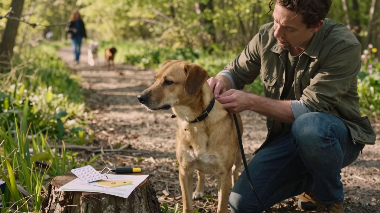 Homem coloca coleira em cachorro amarelo em trilha de floresta com remédios sobre toco próximo.