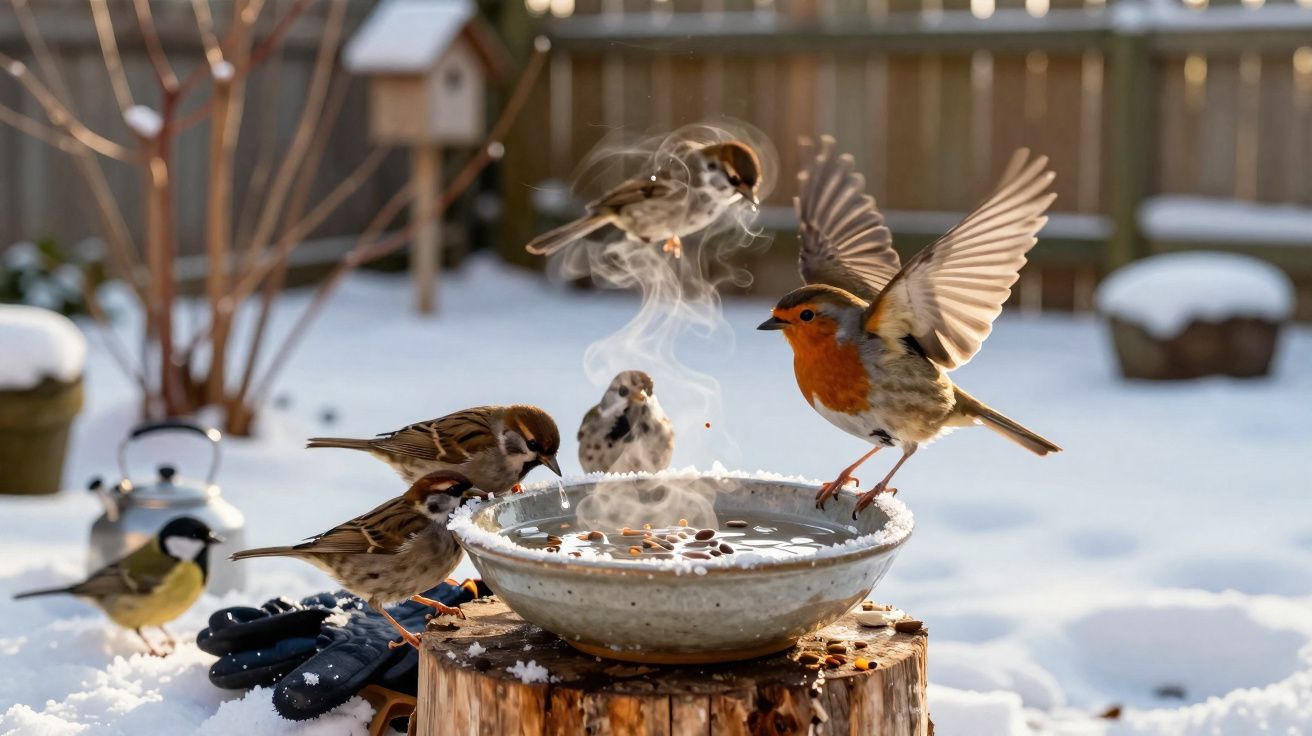 Pássaros reunidos ao redor de uma tigela com água quente em um tronco, em ambiente nevado.