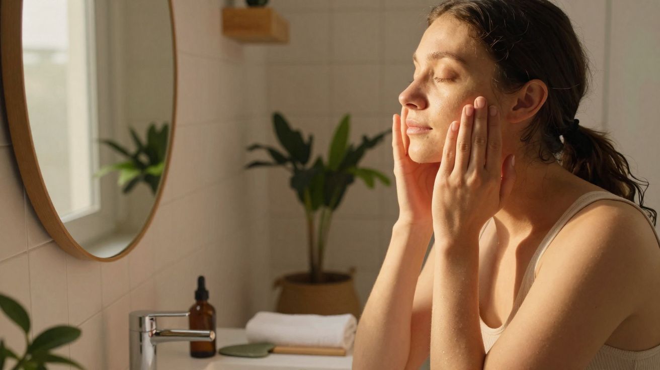 Mulher aplicando creme no rosto em banheiro iluminado pela luz natural, com plantas ao fundo.