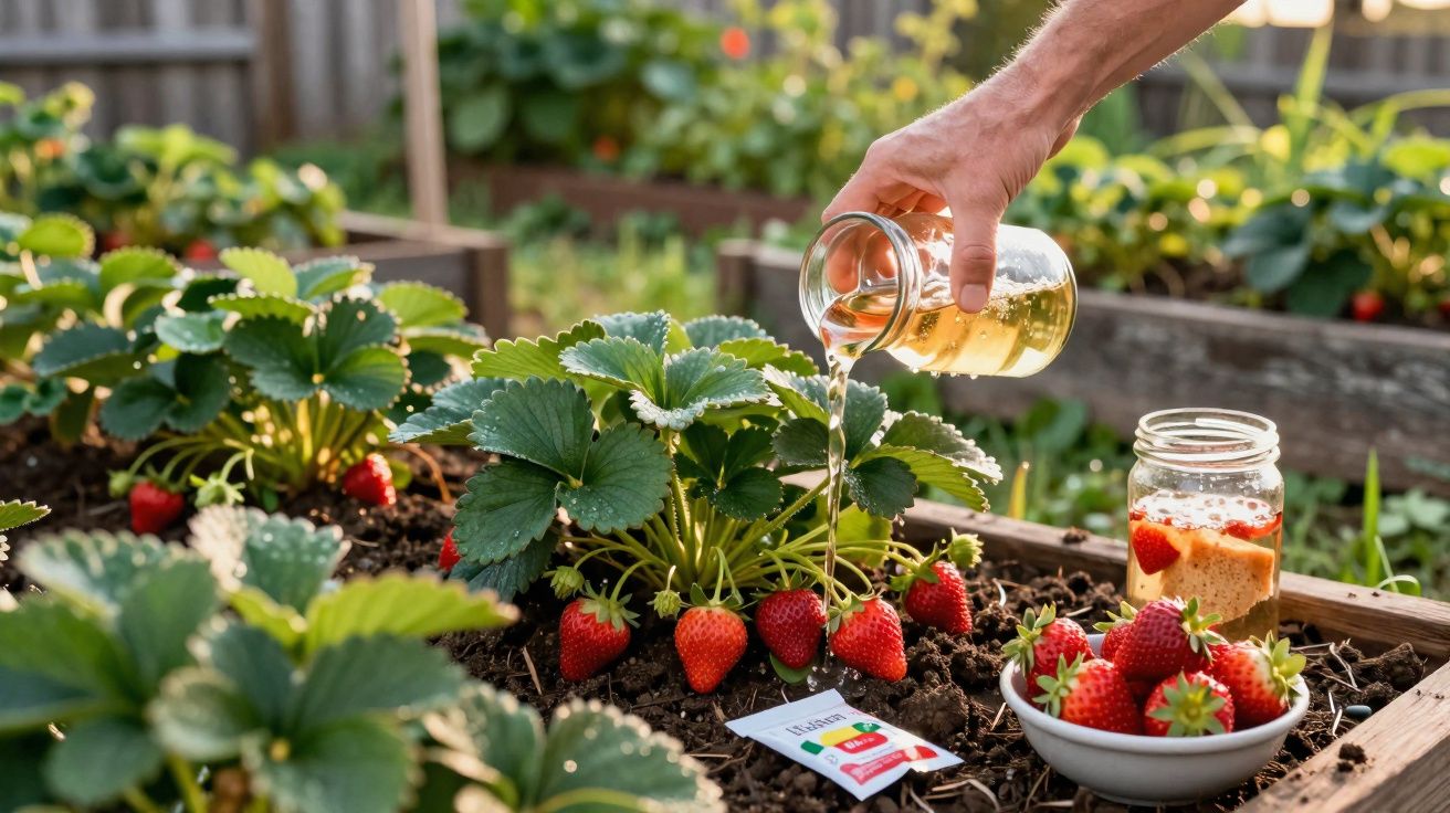 Pessoa regando planta de morango em canteiro com morangos maduros e tigela de morangos frescos.