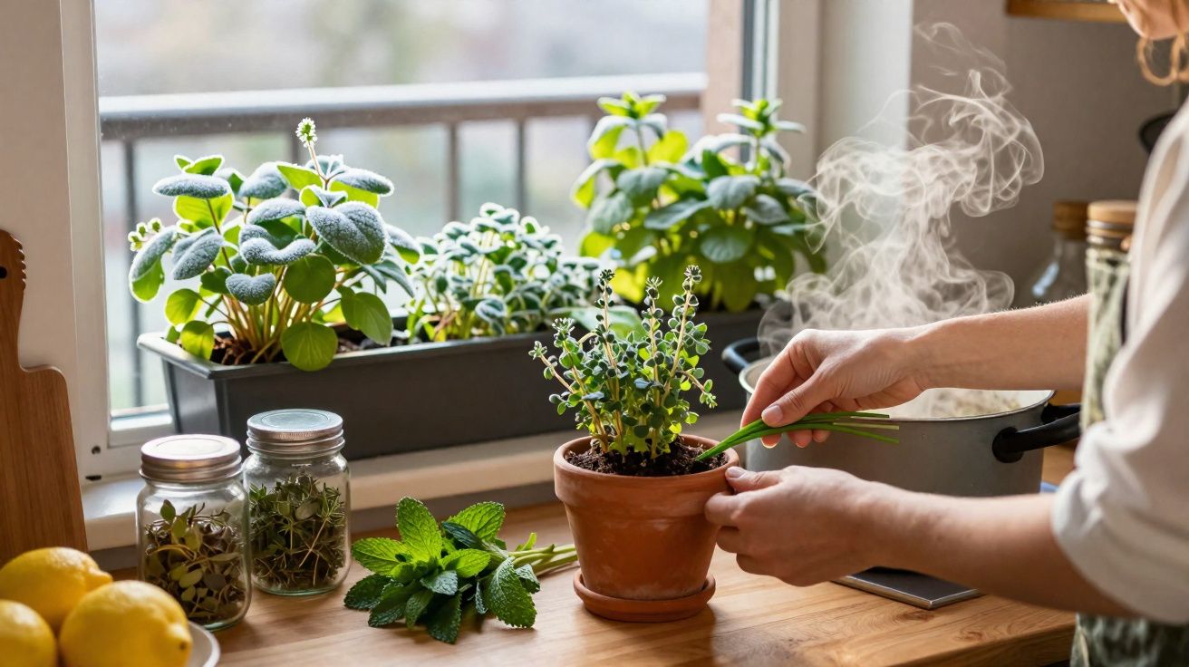 Pessoa cuidando de ervas em vaso na cozinha, com plantas, potes de temperos e limões sobre a bancada.