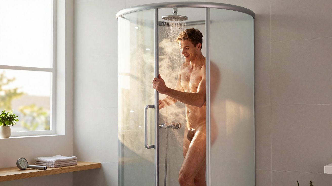 Homem tomando banho em box de vidro fumê em banheiro claro com luz natural.