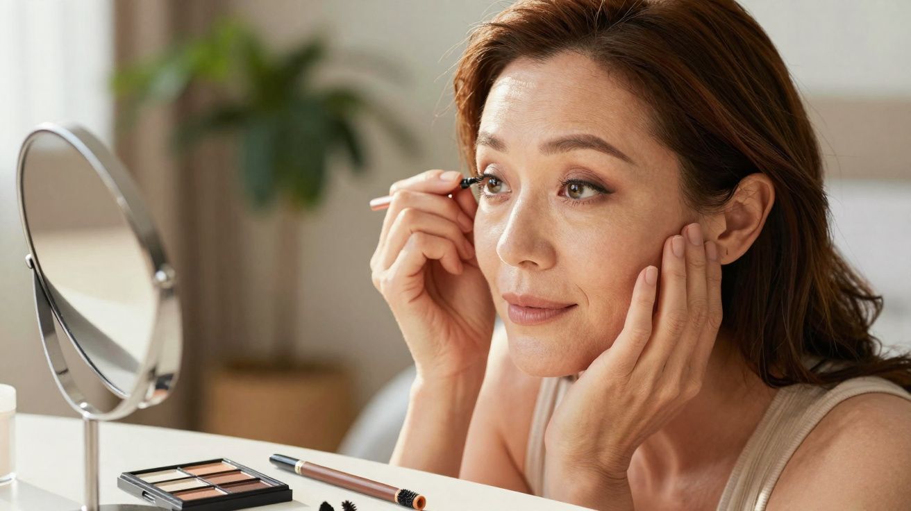 Mulher aplicando rímel nos cílios enquanto olha para espelho de maquiagem em mesa.
