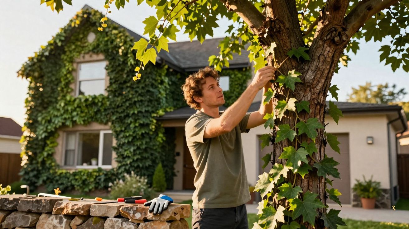 Jovem cuidando de planta trepadeira em árvore no jardim de casa com ferramentas sobre muro de pedra.