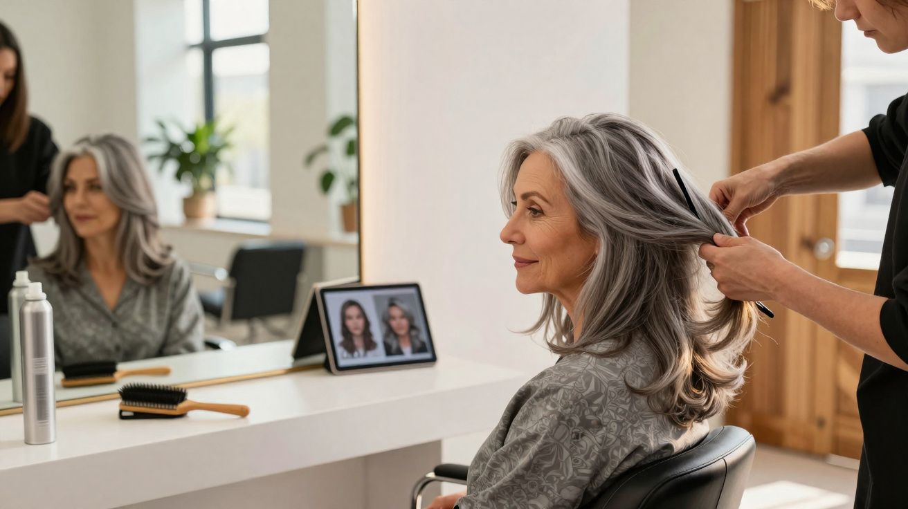 Mulher grisalha sentada em salão de beleza recebendo penteado de cabeleireira.