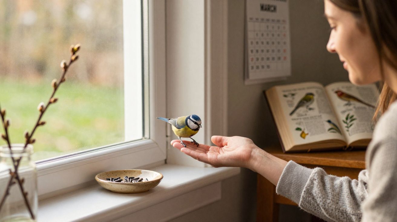 Mulher alimenta um pássaro azul que pousa em sua mão perto da janela em ambiente interno.