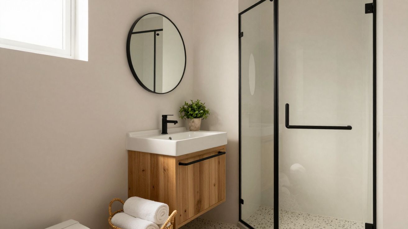 Banheiro moderno com cuba branca, armário de madeira, espelho redondo e box de vidro com detalhes pretos.