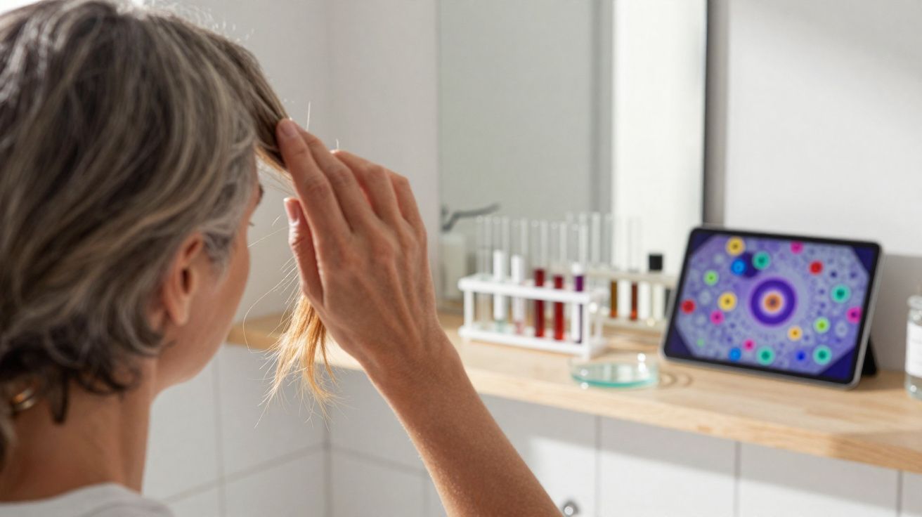 Mulher examinando fio de cabelo diante de tablet com imagens científicas em prateleira de laboratório.