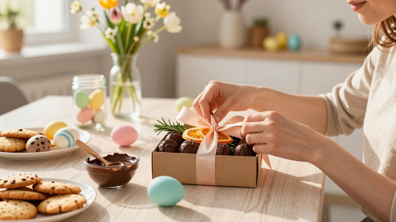 Mulher decorando caixa de chocolates com fita rosa, cercada por ovos de Páscoa e biscoitos na mesa.