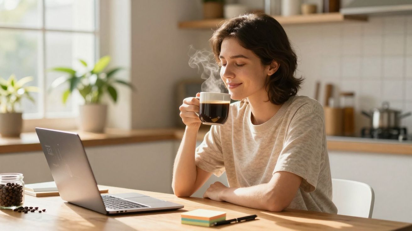 Mulher sorridente tomando café quente enquanto trabalha em laptop em cozinha iluminada pelo sol.