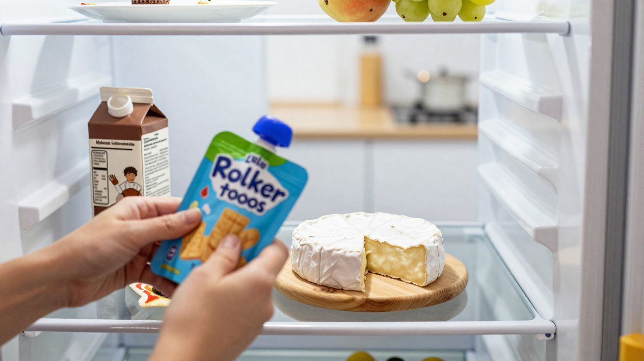 Mãos seguram embalagem de biscoitos dentro de geladeira com queijo brie em prato de madeira.