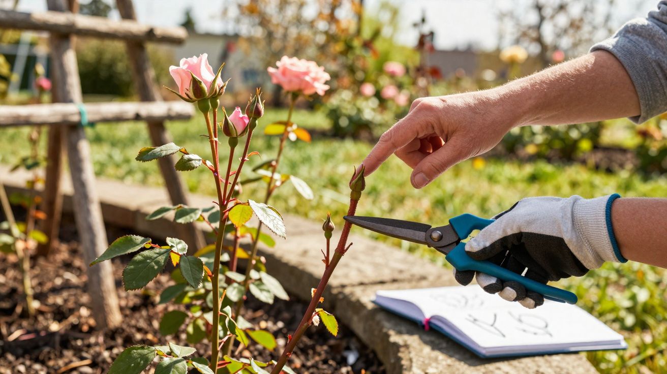 Pessoa podando caule de rosa com tesoura de jardinagem em jardim ensolarado, com caderno ao fundo.