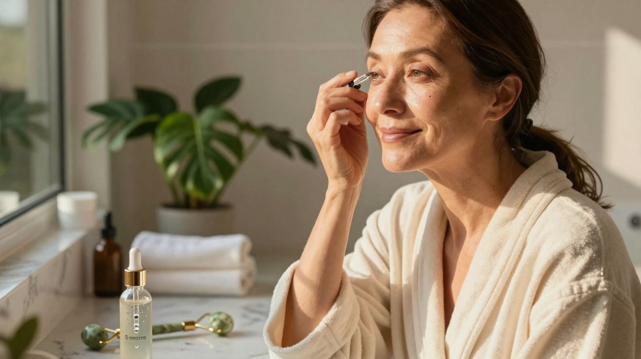 Mulher aplicando sérum facial com conta-gotas em um banheiro iluminado e relaxante.