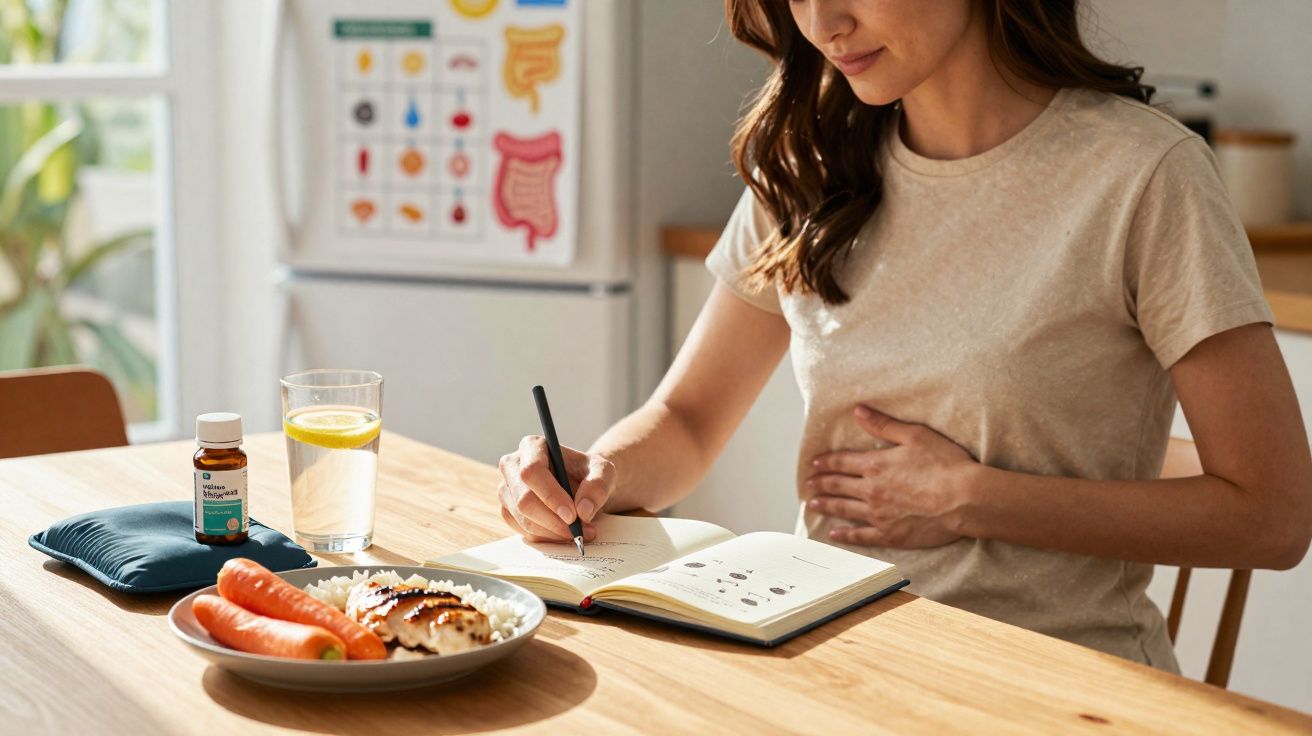 Mulher sentada à mesa, segurando a barriga e escrevendo em caderno com comida saudável à frente.