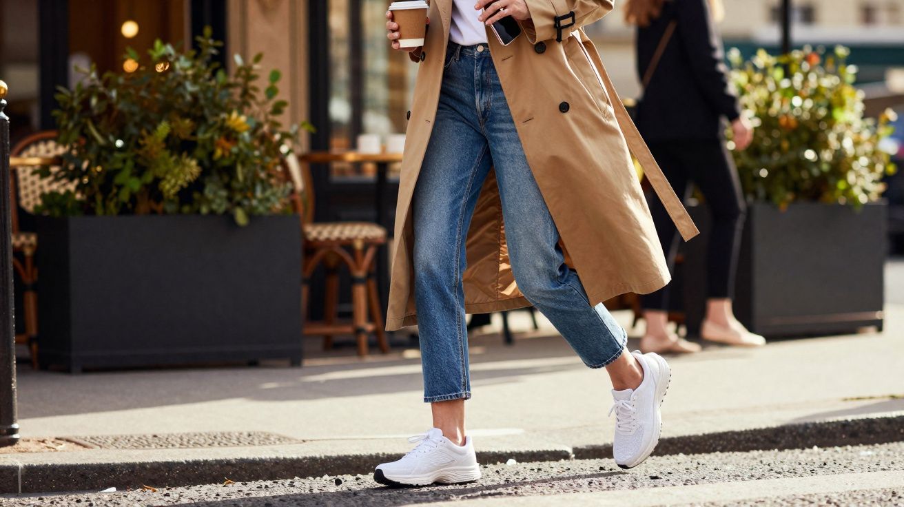 Pessoa caminhando na calçada com tênis branco, jeans e sobretudo bege segurando café e celular.