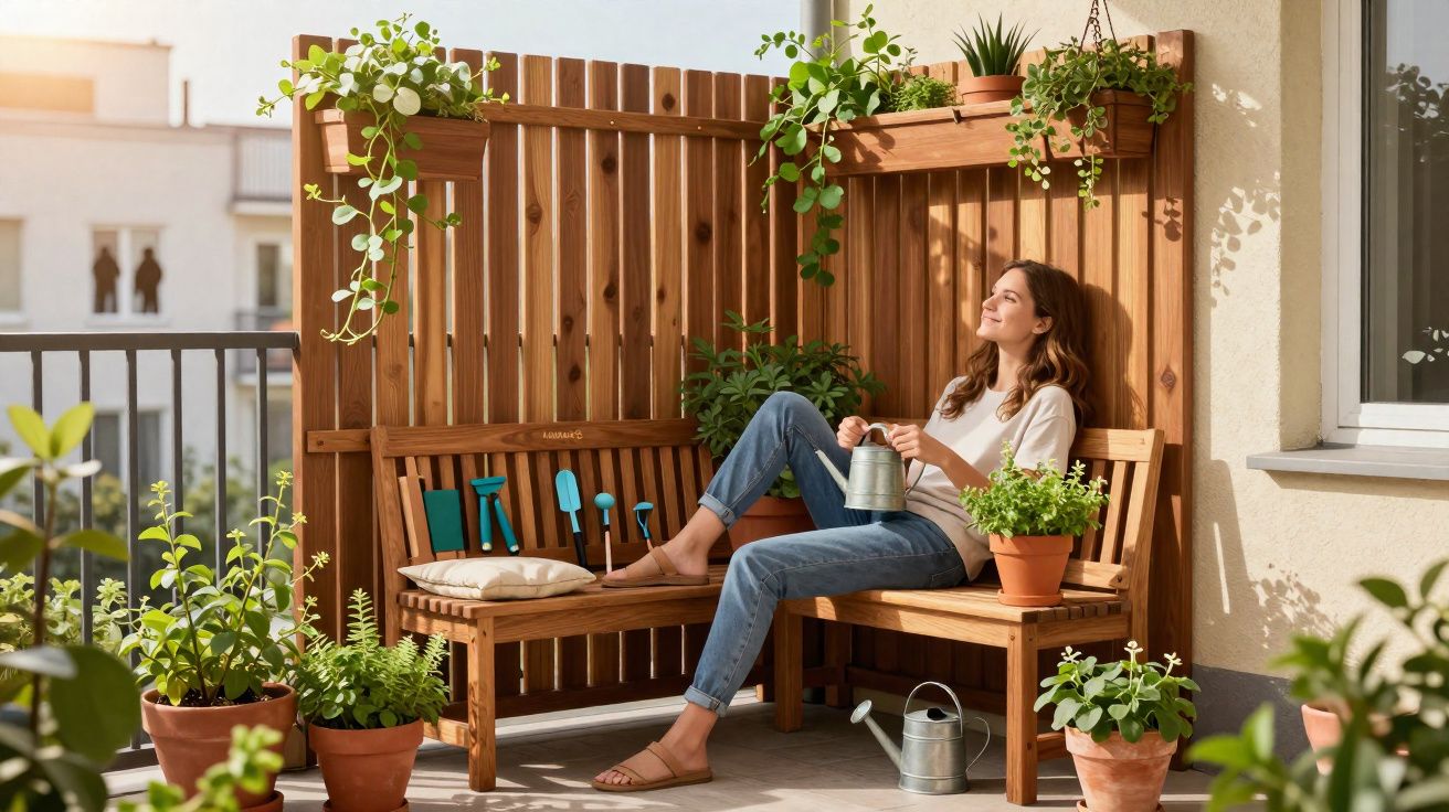 Mulher relaxando em varanda com banco de madeira, rodeada por plantas e ferramentas de jardinagem.