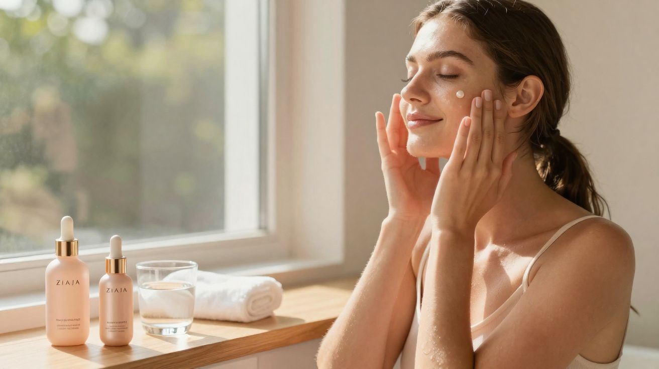Mulher aplicando creme facial em ambiente iluminado com frascos de cosméticos e toalha ao fundo.