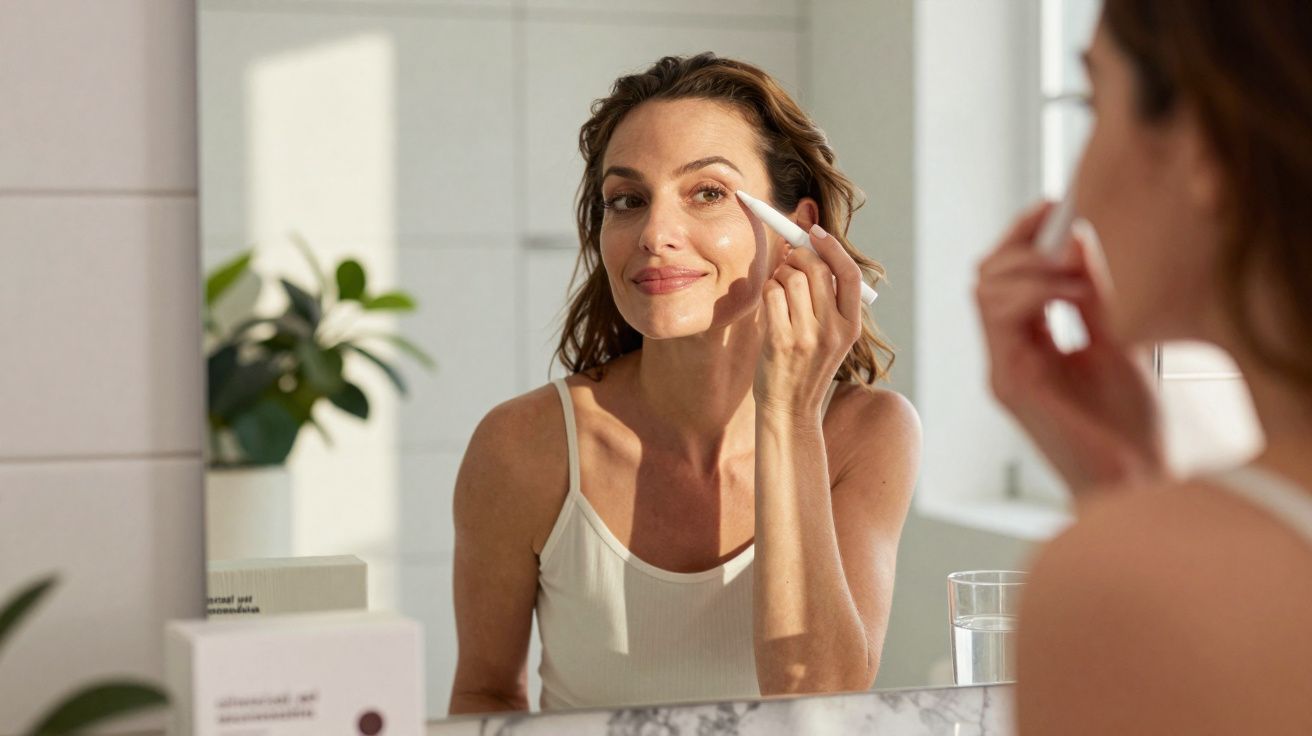 Mulher aplicando creme no rosto em frente ao espelho em ambiente claro e confortável.