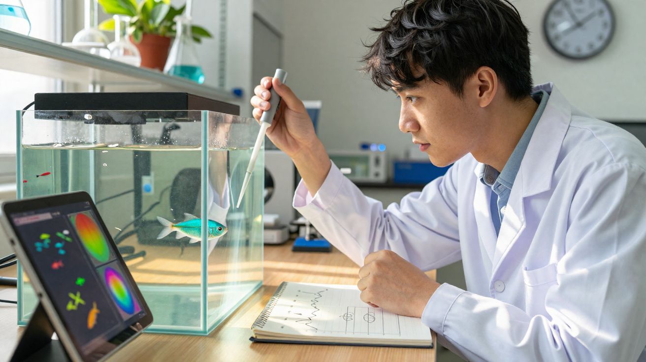 Cientista em jaleco manipulando aquário com peixe azul e analisando dados em tablet e caderno.