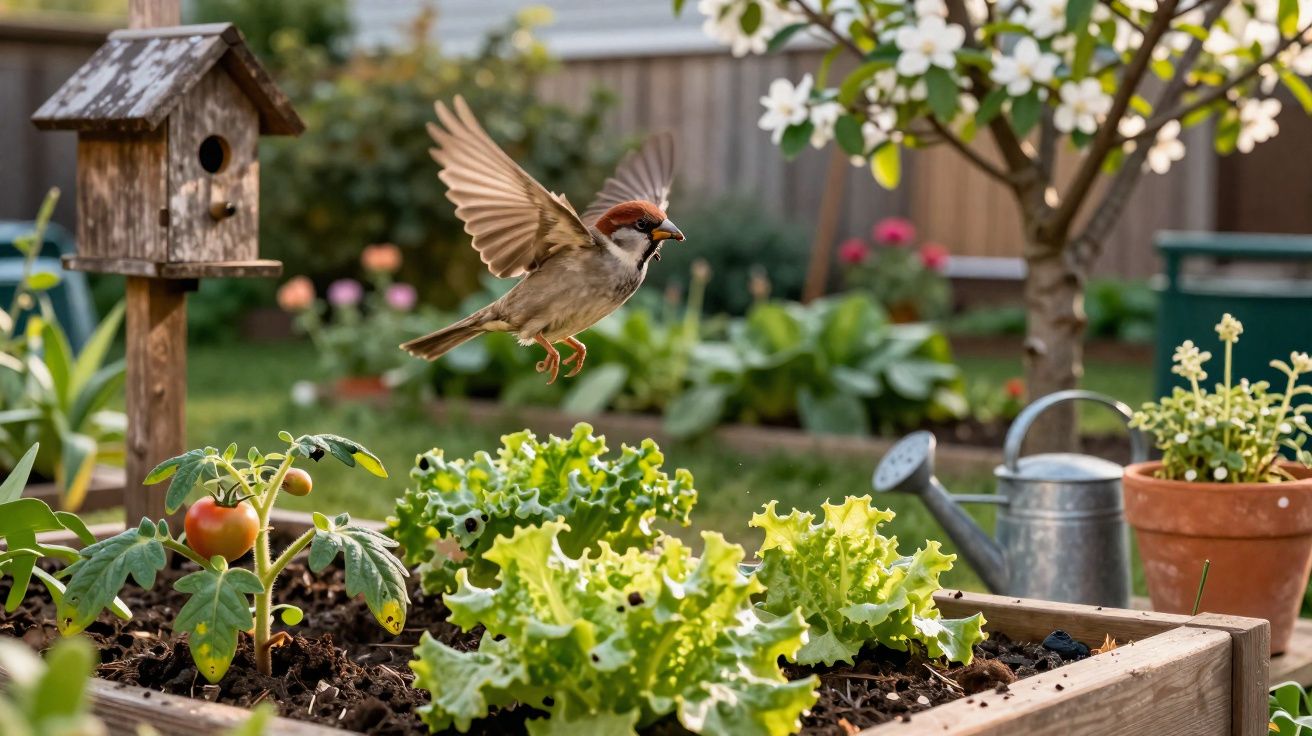 Pássaro voando sobre hortaliças em canteiro elevado de jardim com casa de passarinho ao fundo.