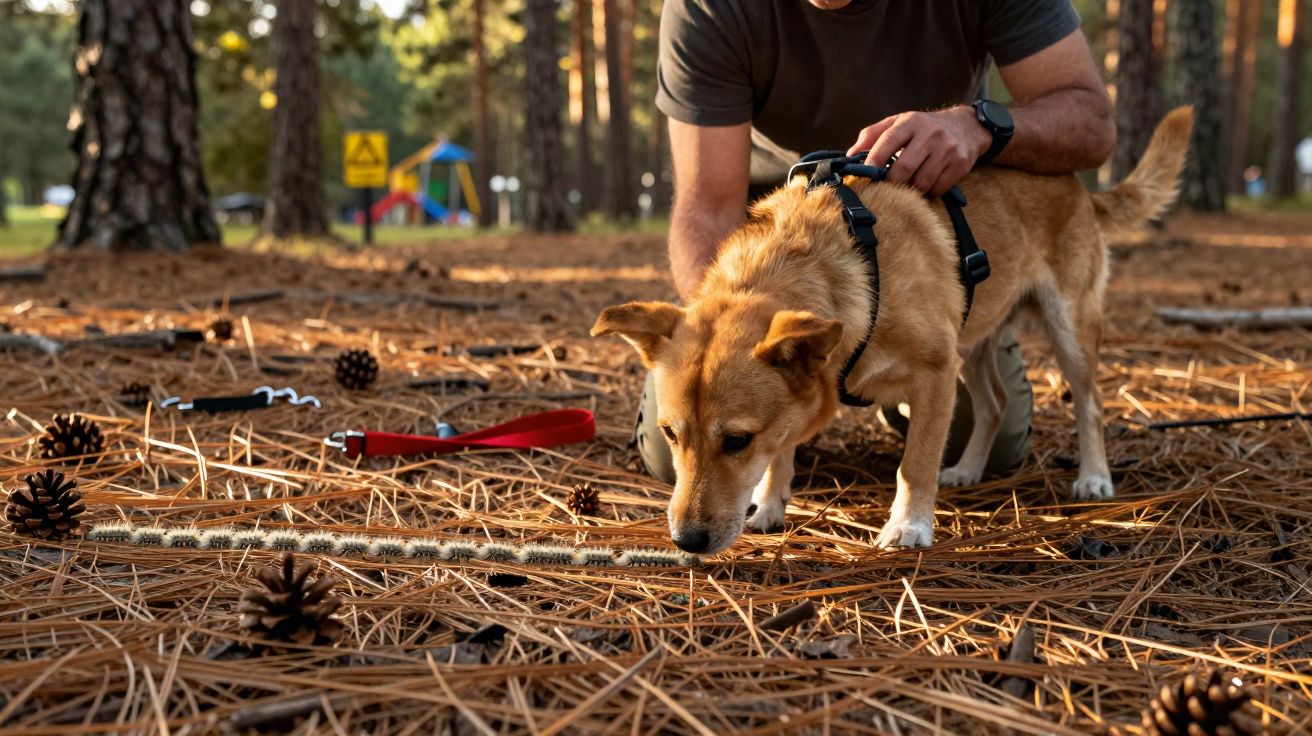 Homem ajusta a coleira de cachorro marron que cheira o chão coberto de pinhas e folhas secas em parque.