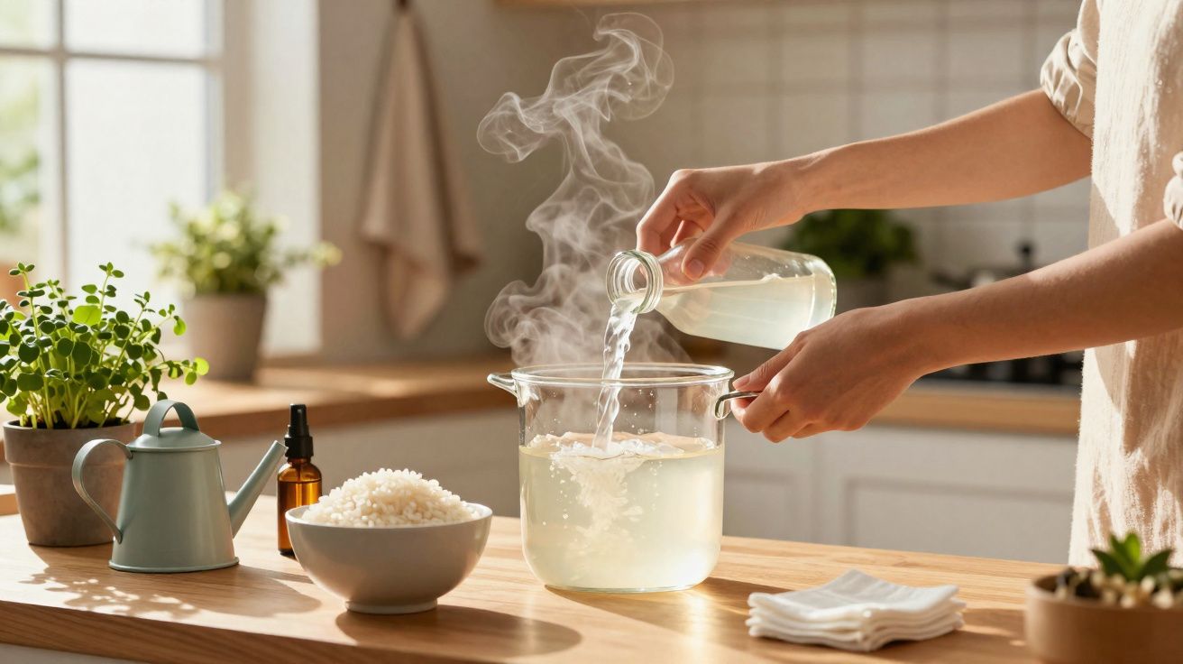 Pessoa despejando líquido quente em panela transparente com vapor em cozinha iluminada por luz natural.