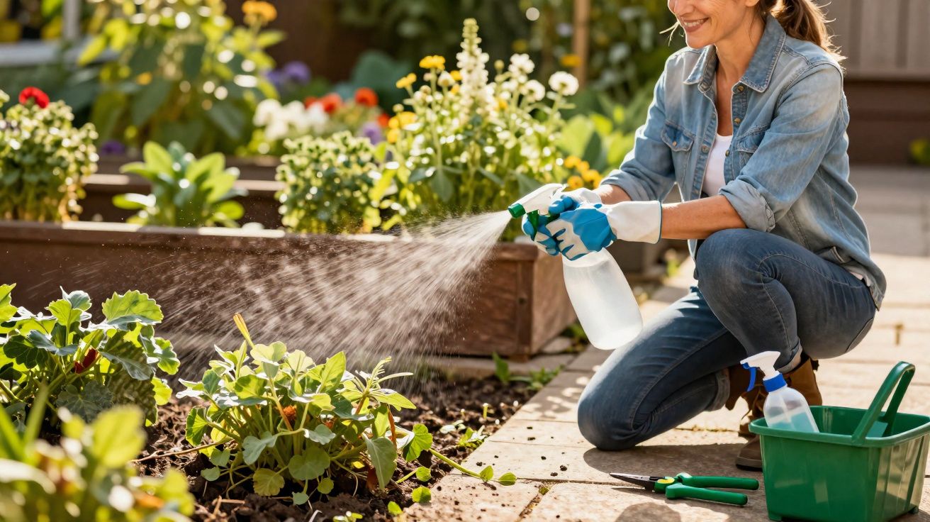 Mulher regando plantas em jardim com pulverizador, usando luvas e agasalho jeans.